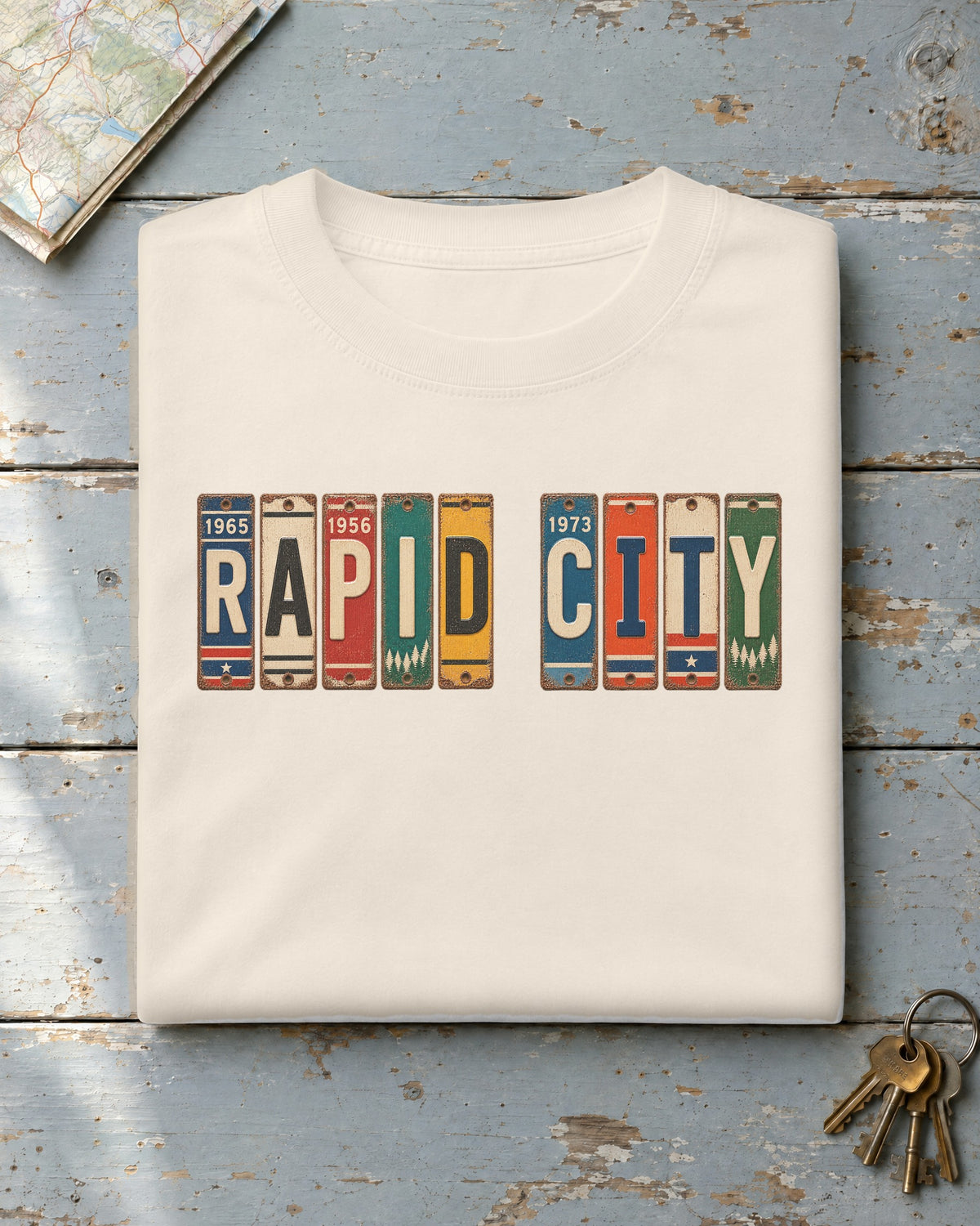 Rapid City, South Dakota vintage license plate t-shirt in Ivory