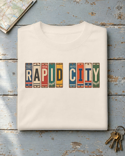 Rapid City, South Dakota vintage license plate t-shirt in Ivory
