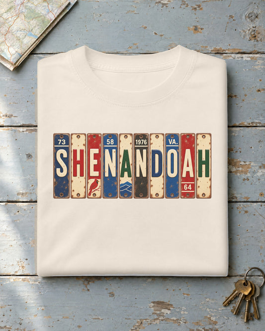 Shenandoah, Virginia vintage license plate t-shirt in Ivory
