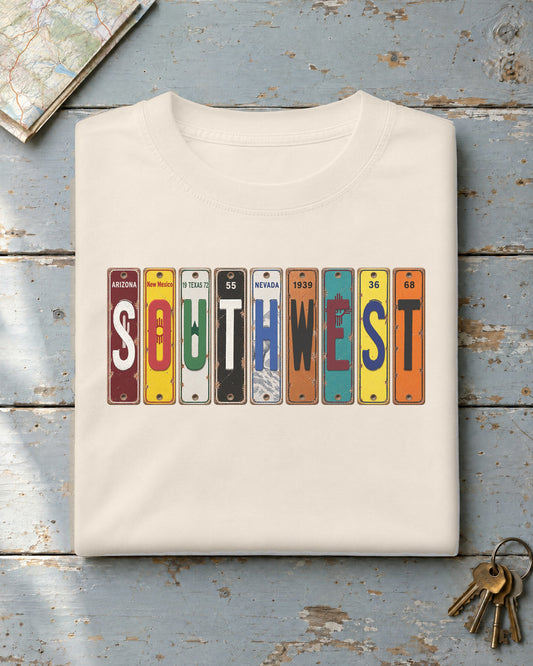 Southwest vintage license plate t-shirt in Ivory