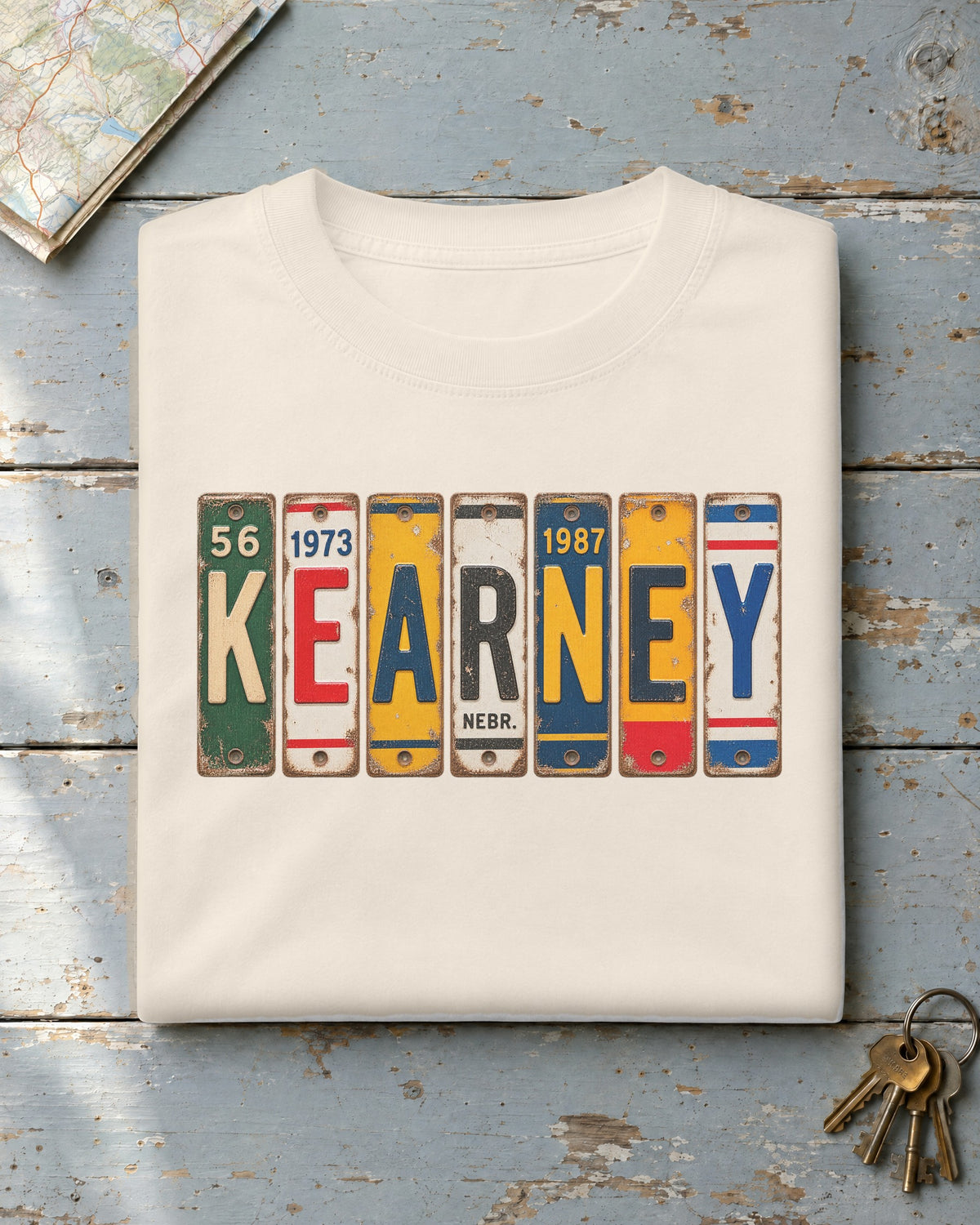 Kearney, Nebraska vintage license plate t-shirt in Ivory