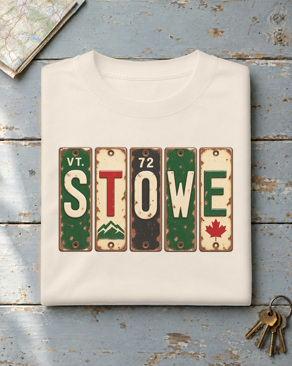 Stowe, Vermont vintage license plate t-shirt in Ivory