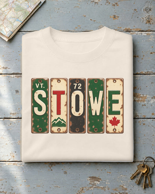 Stowe, Vermont vintage license plate t-shirt in Ivory