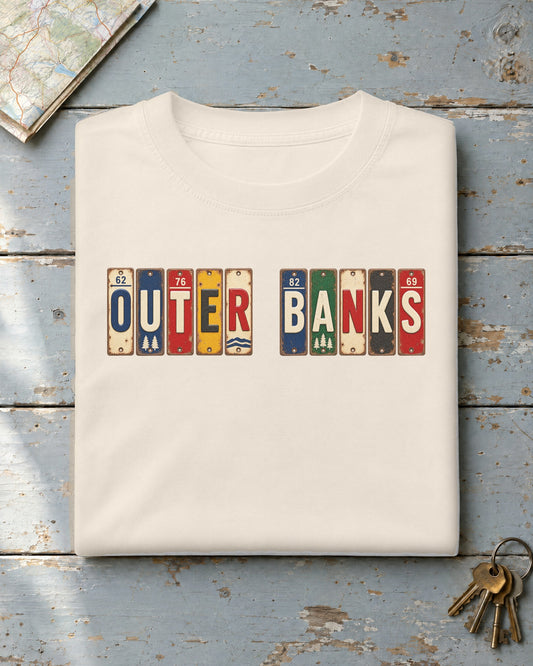 Outer Banks, North Carolina vintage license plate t-shirt in Ivory