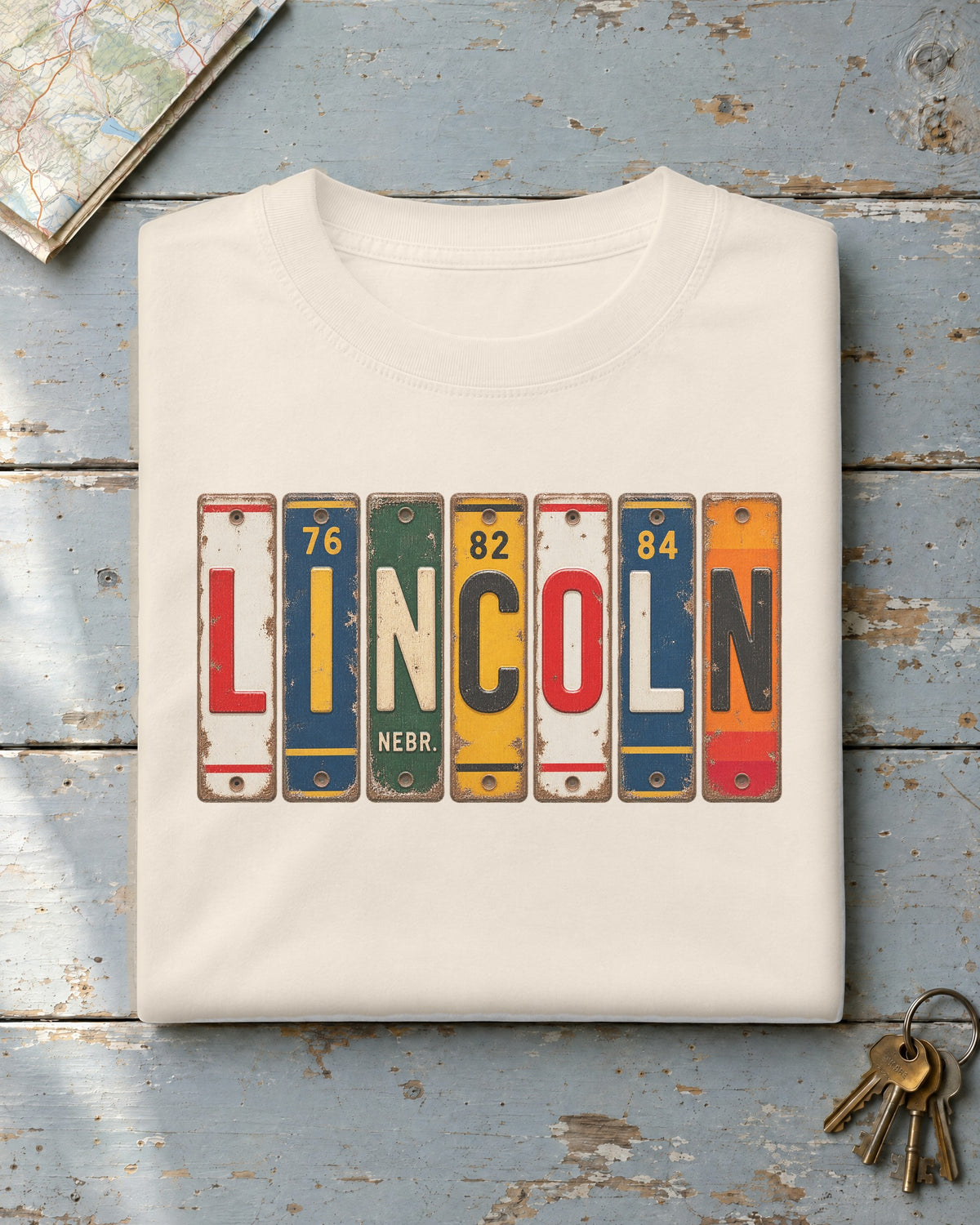 Lincoln, Nebraska vintage license plate t-shirt in Ivory