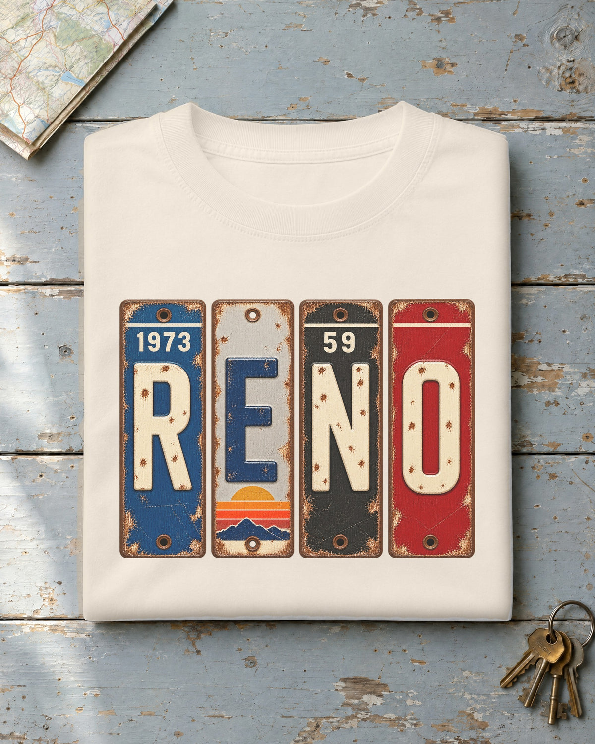 Reno, Nevada vintage license plate t-shirt in Ivory