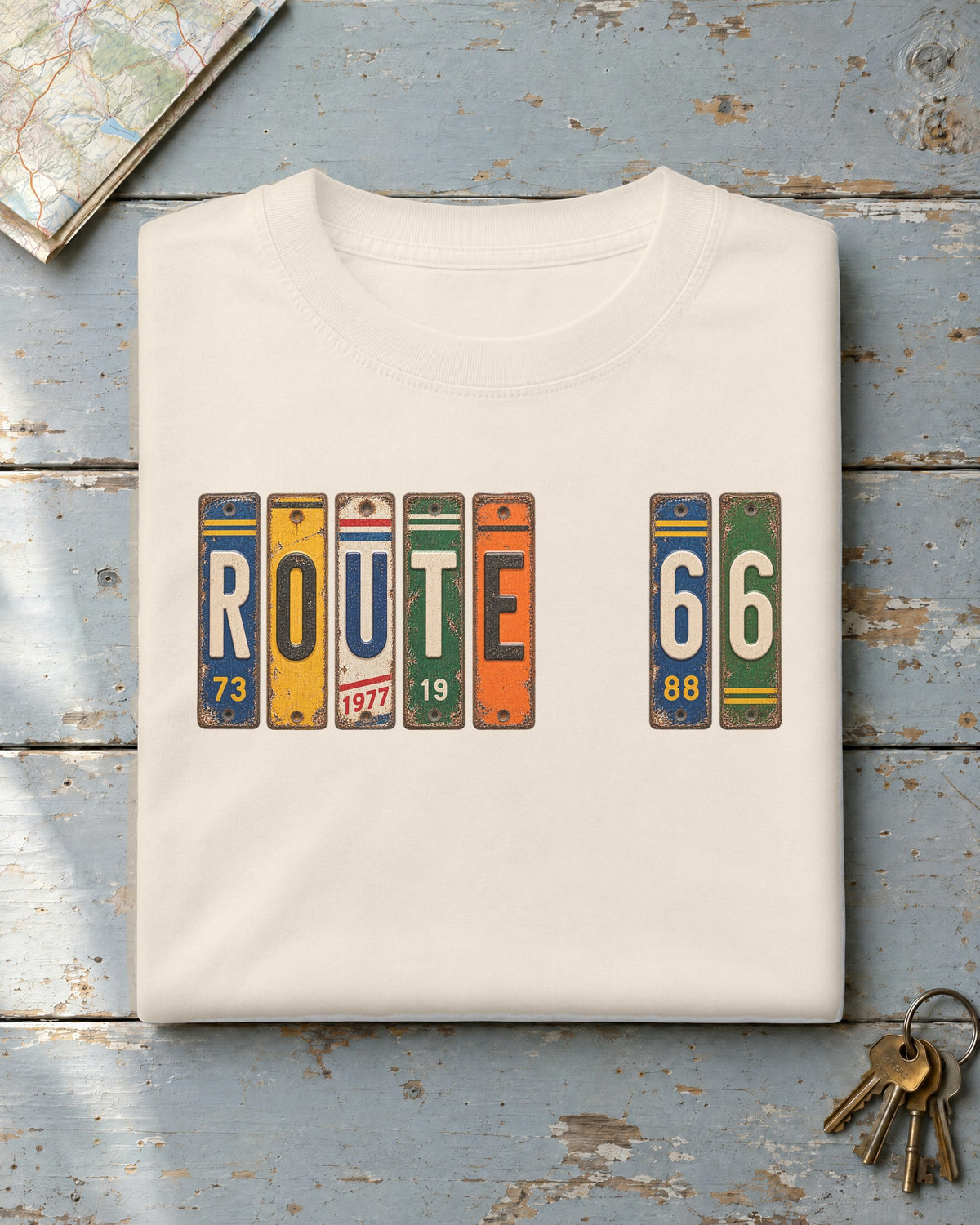Route 66, Illinois vintage license plate t-shirt in Ivory