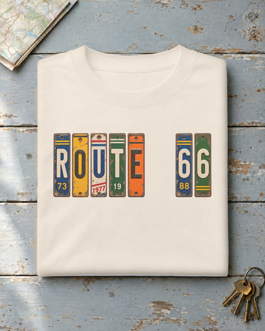 Route 66, Illinois vintage license plate t-shirt in Ivory