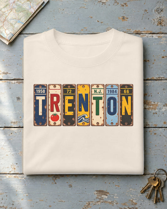 Trenton, New Jersey vintage license plate t-shirt in Ivory