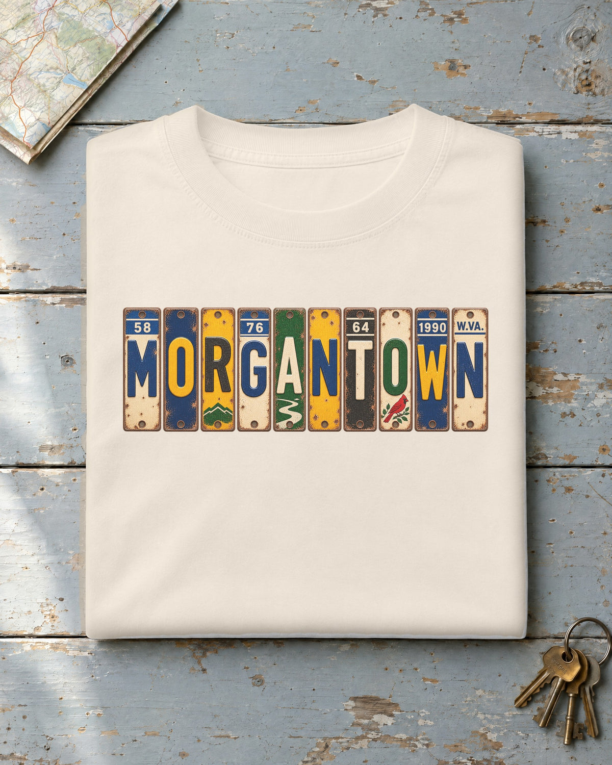 Morgantown, West Virginia vintage license plate t-shirt in Ivory