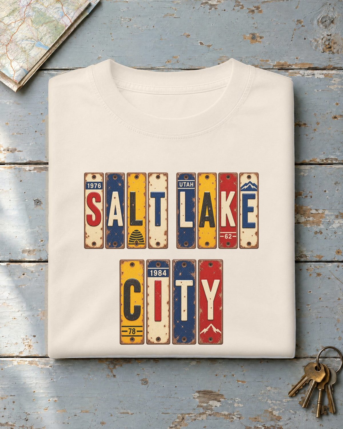 Salt Lake City, Utah vintage license plate t-shirt in Ivory