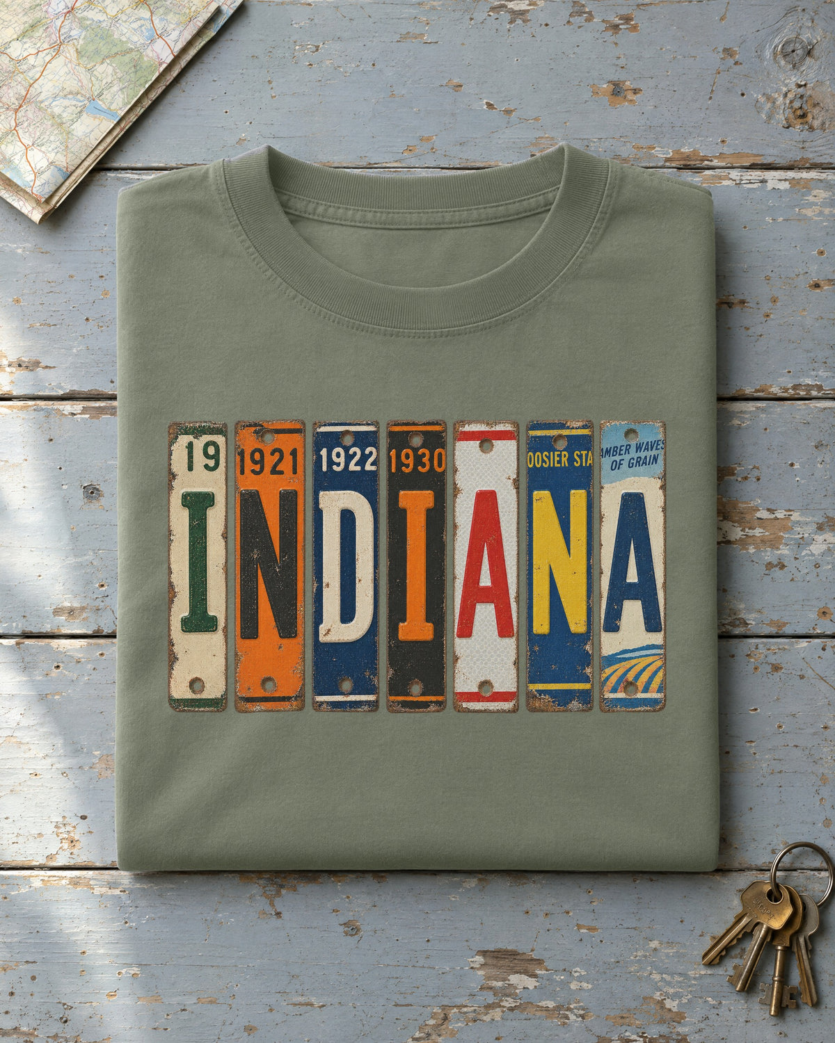 Indiana vintage license plate t-shirt in Moss