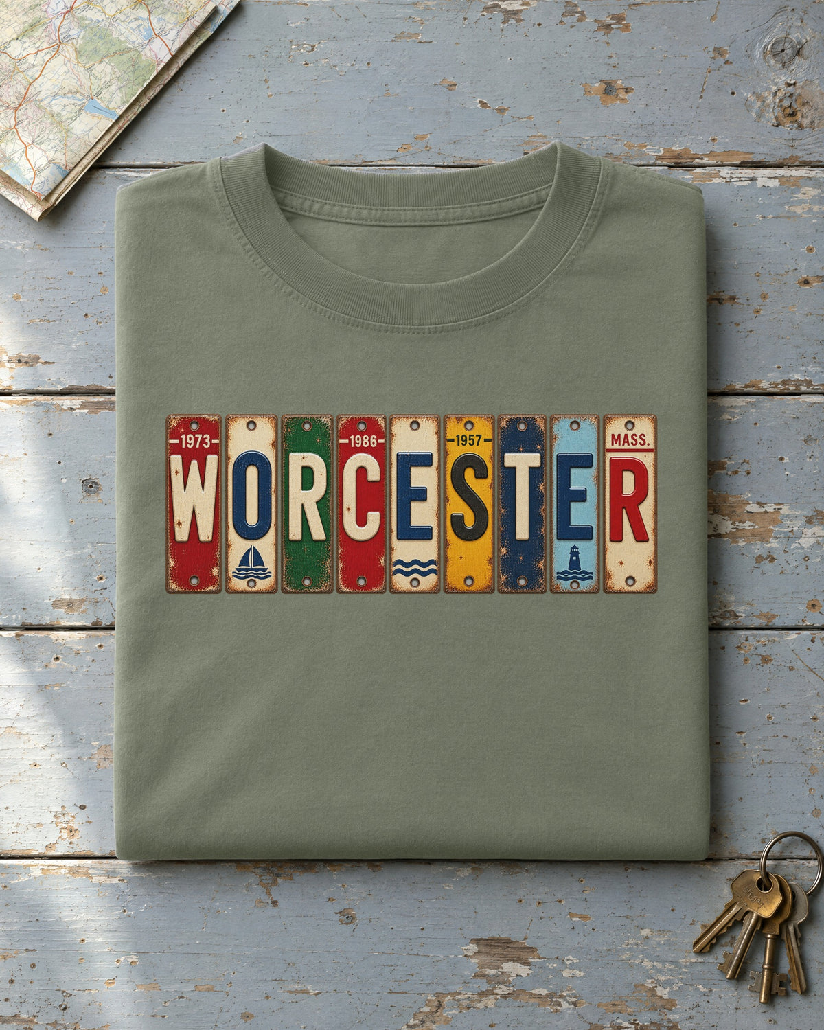 Worcester, Massachusetts vintage license plate t-shirt in Moss
