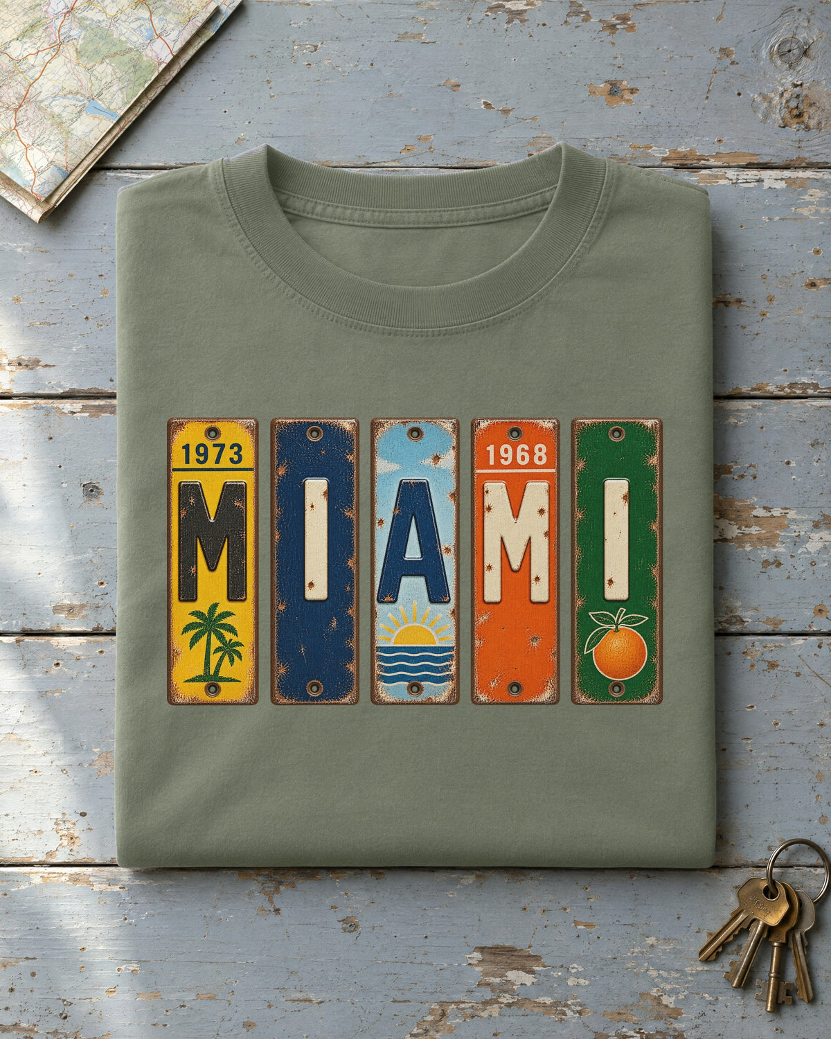 Miami, Florida vintage license plate t-shirt in Moss
