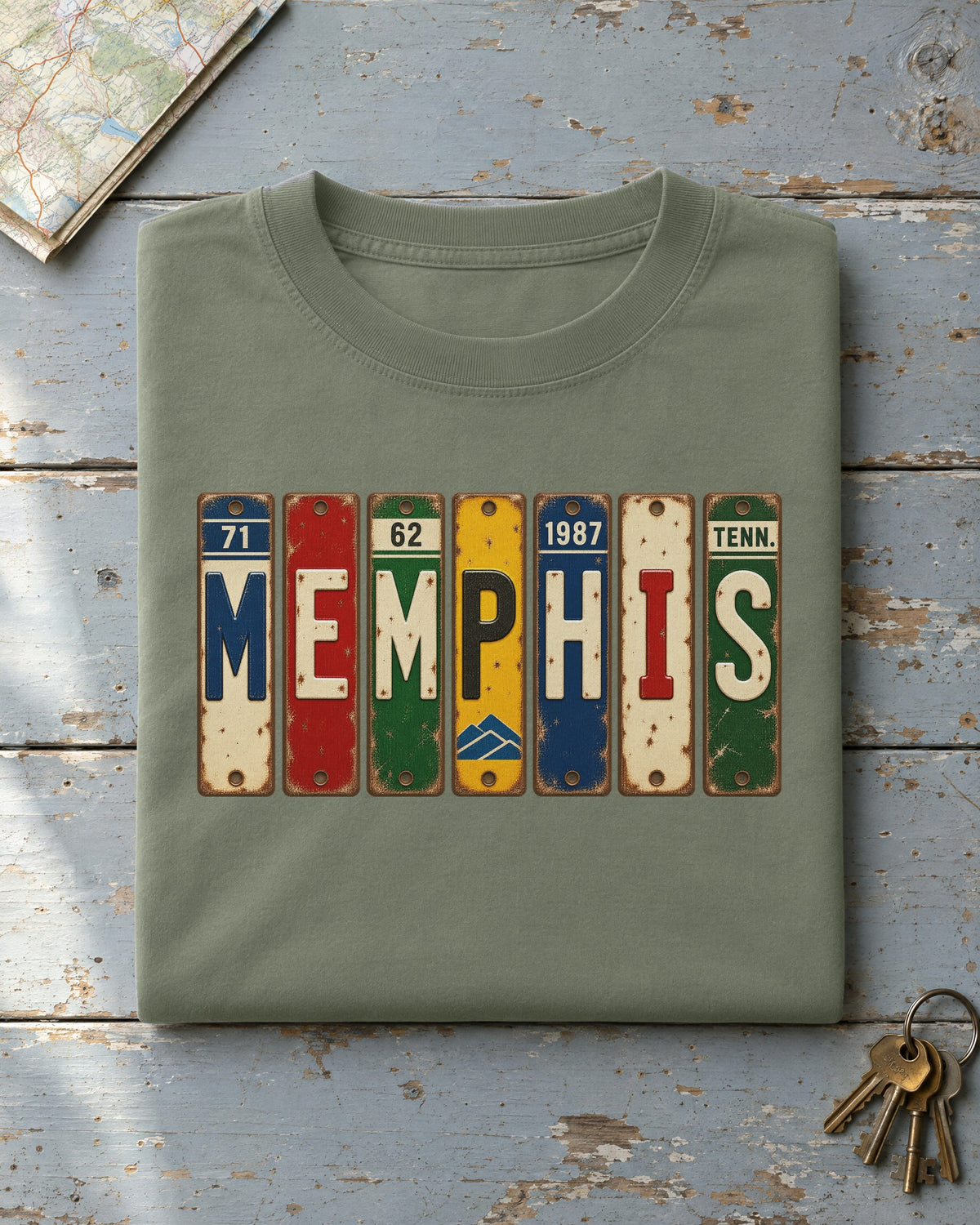 Memphis, Tennessee vintage license plate t-shirt in Moss