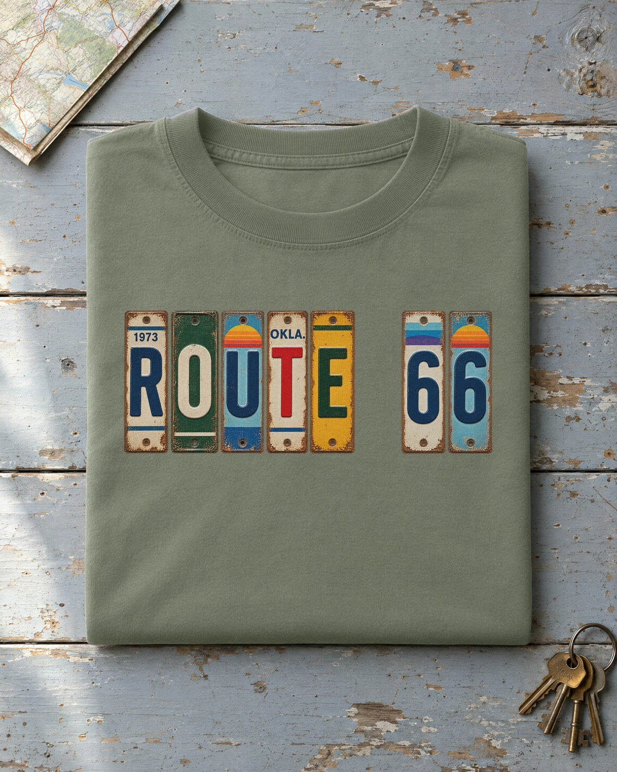Route 66, Oklahoma vintage license plate t-shirt in Moss