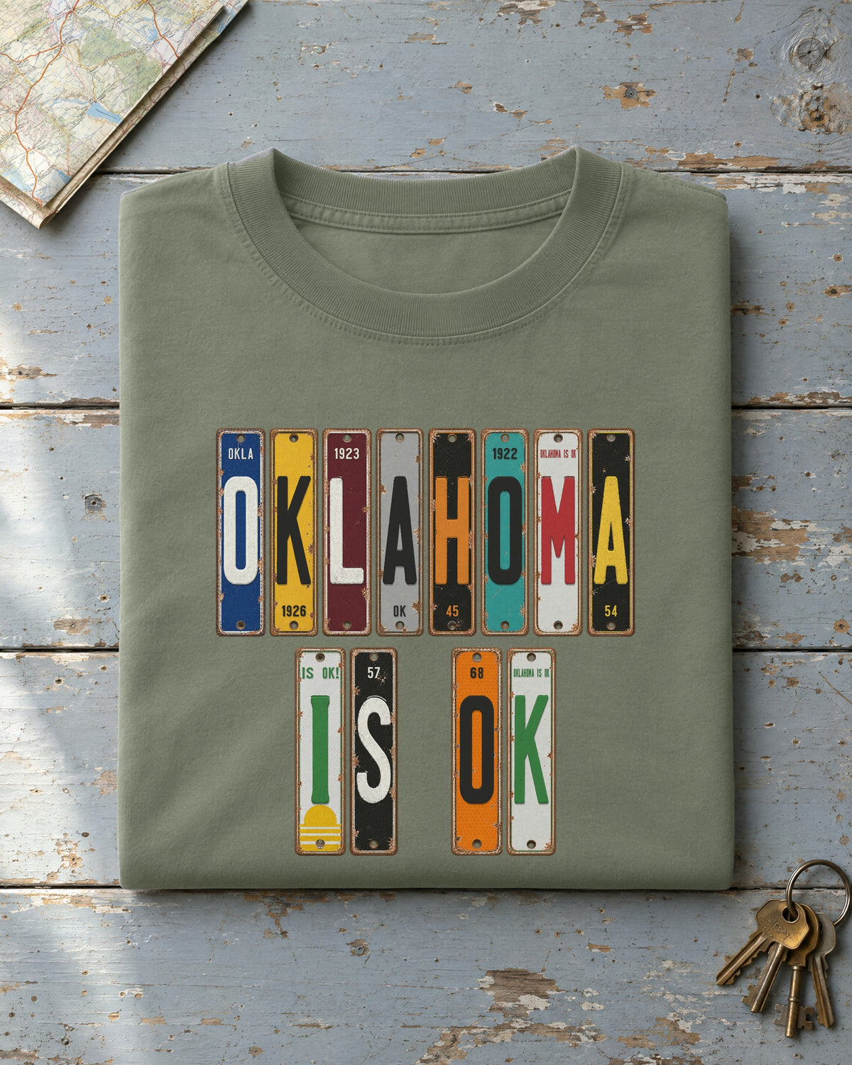 Oklahoma Is OK vintage license plate t-shirt in Moss