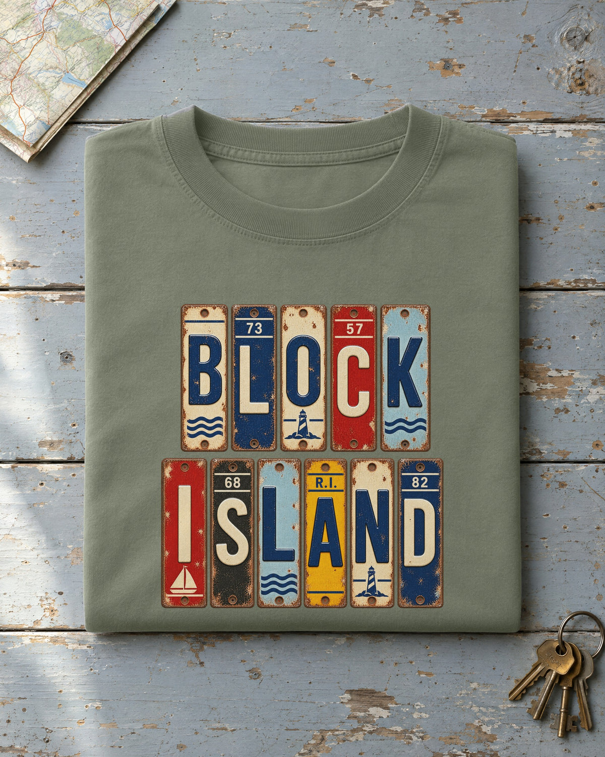 Block Island, Rhode Island vintage license plate t-shirt in Moss