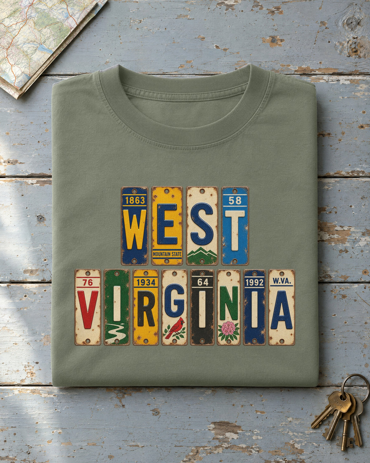 West Virginia vintage license plate t-shirt in Moss