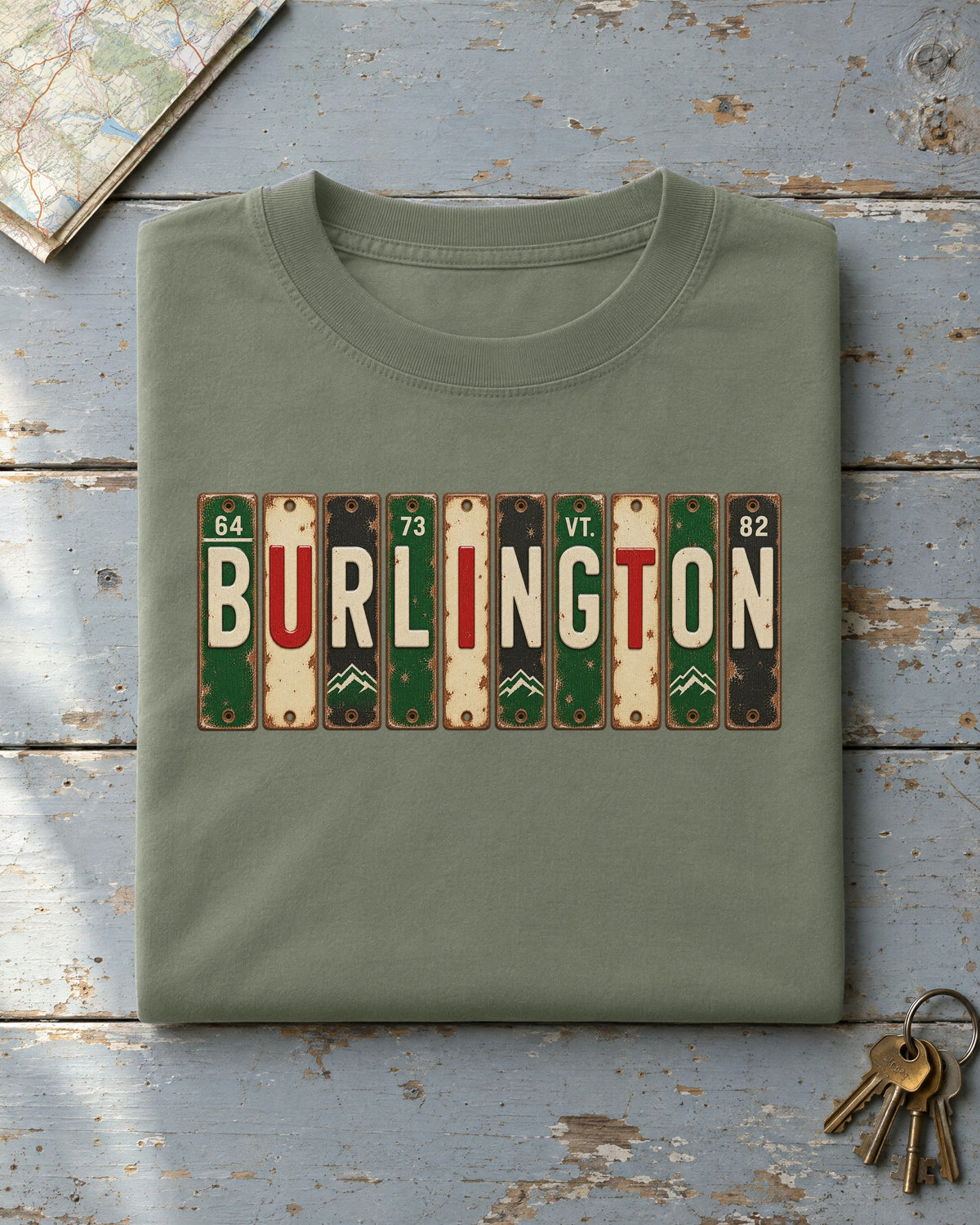 Burlington, Vermont vintage license plate t-shirt in Moss
