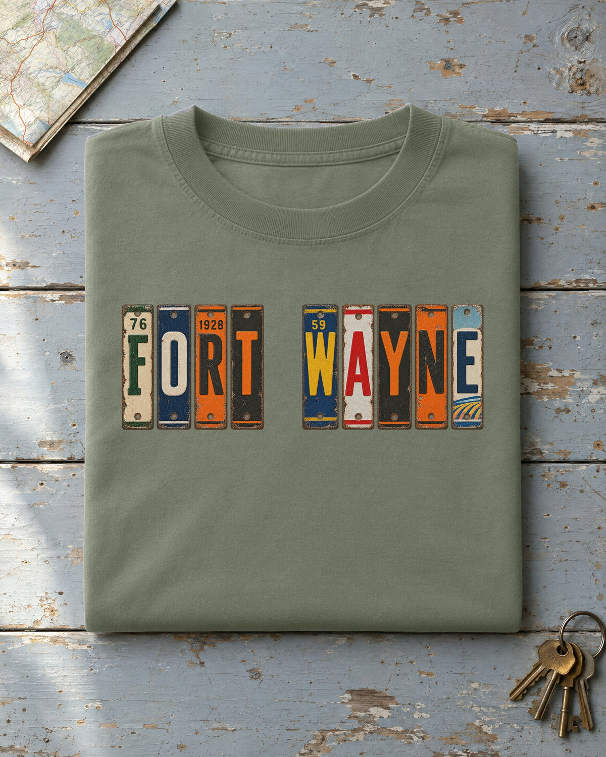 Fort Wayne, Indiana vintage license plate t-shirt in Moss