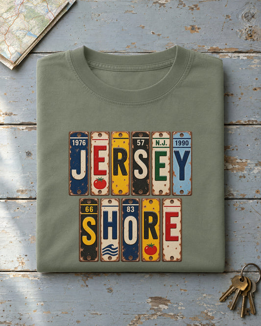 Jersey Shore, New Jersey vintage license plate t-shirt in Moss