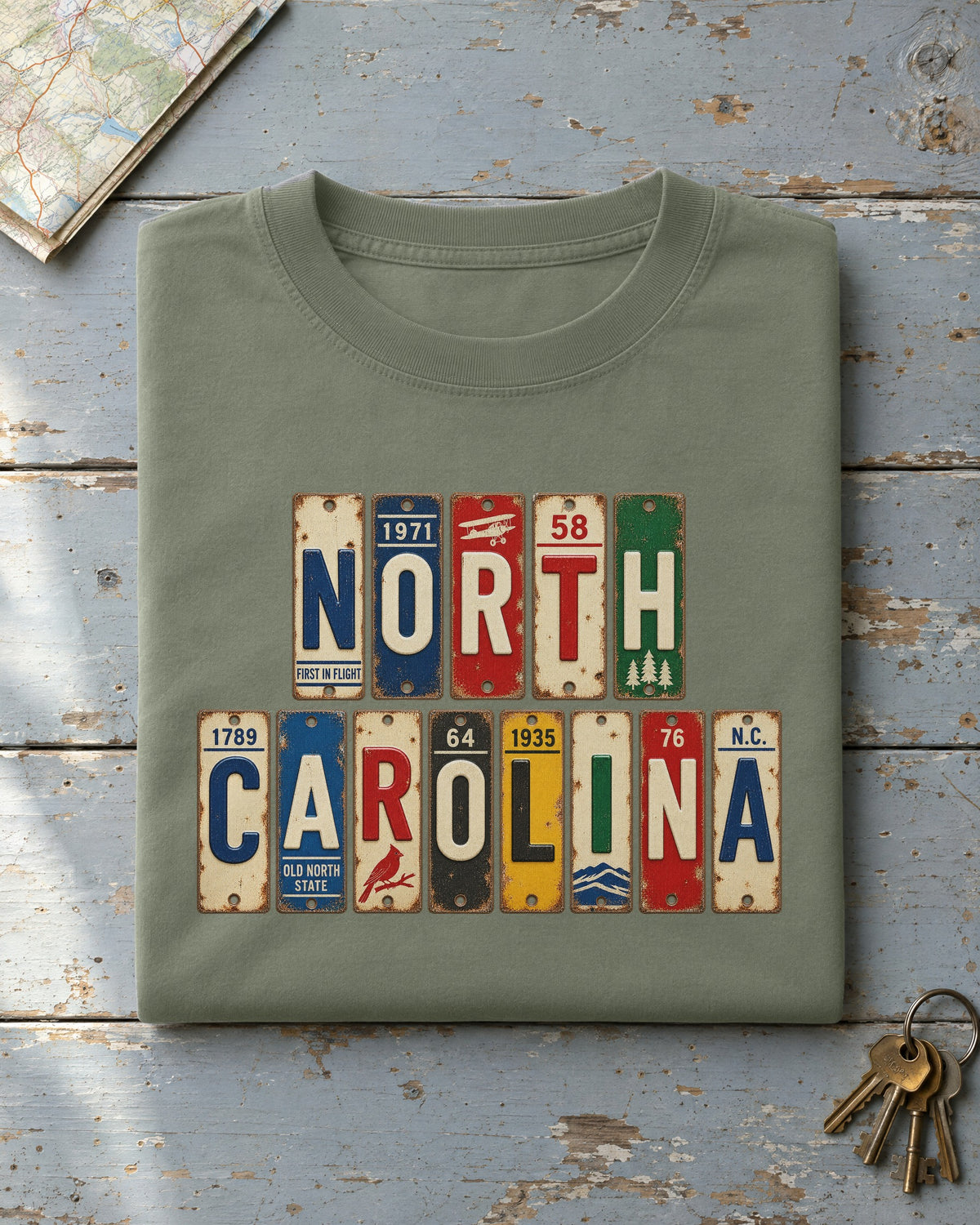 North Carolina vintage license plate t-shirt in Moss