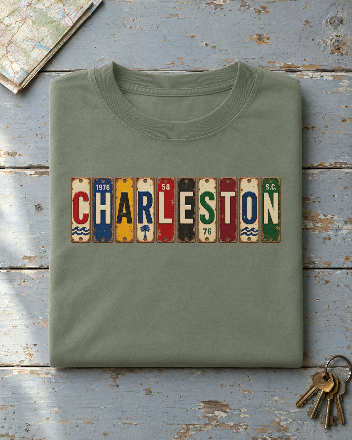 Charleston, South Carolina vintage license plate t-shirt in Moss