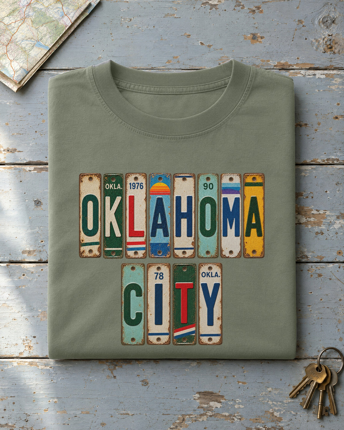 Oklahoma City, Oklahoma vintage license plate t-shirt in Moss