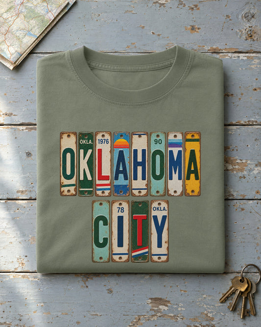 Oklahoma City, Oklahoma vintage license plate t-shirt in Moss