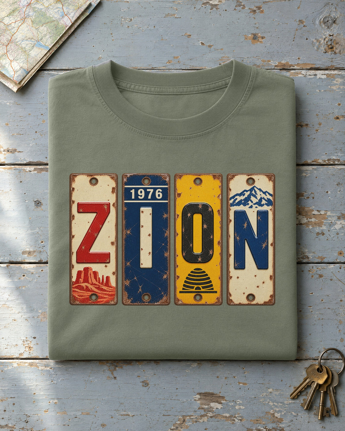 Zion, Utah vintage license plate t-shirt in Moss