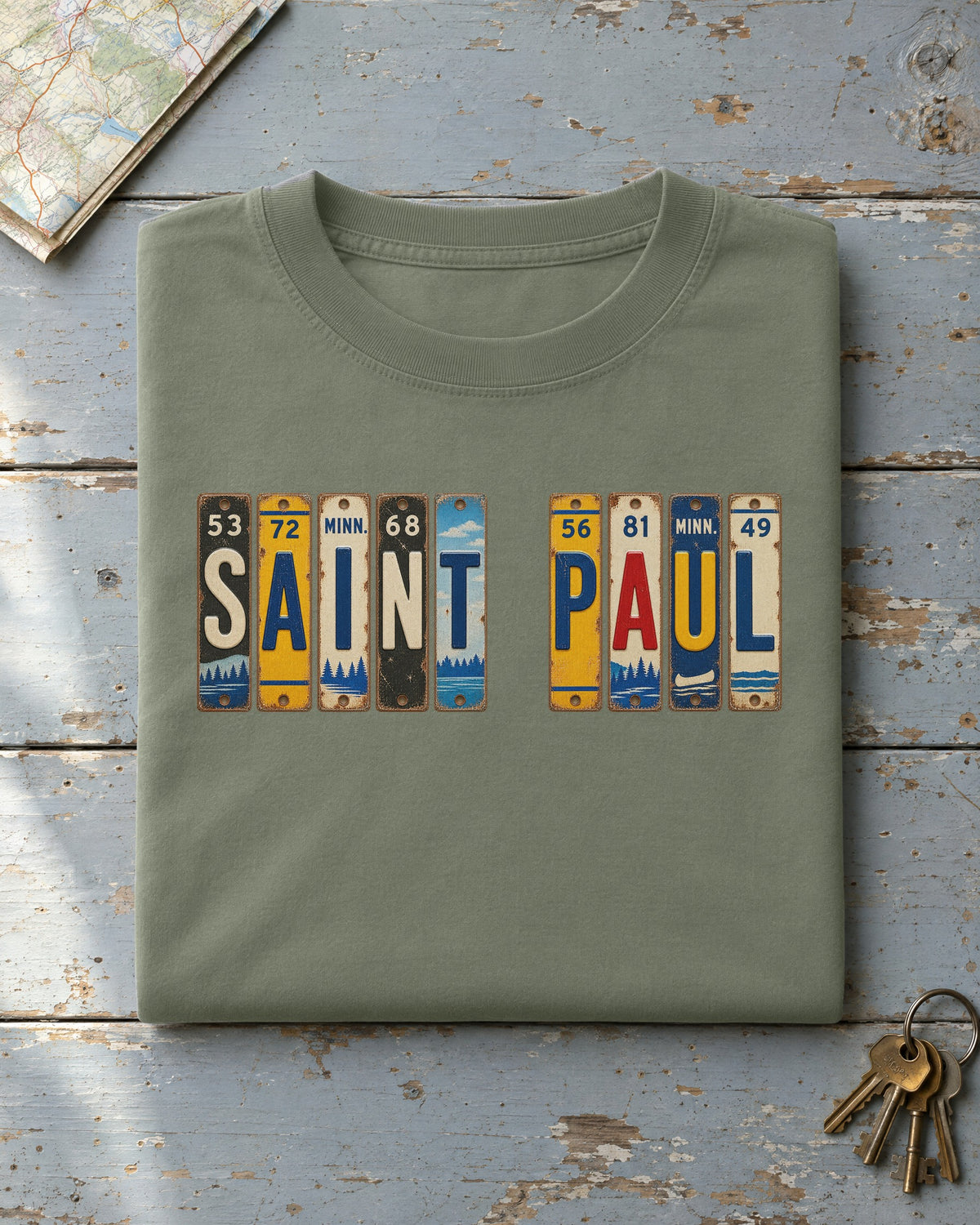 Saint Paul, Minnesota vintage license plate t-shirt in Moss