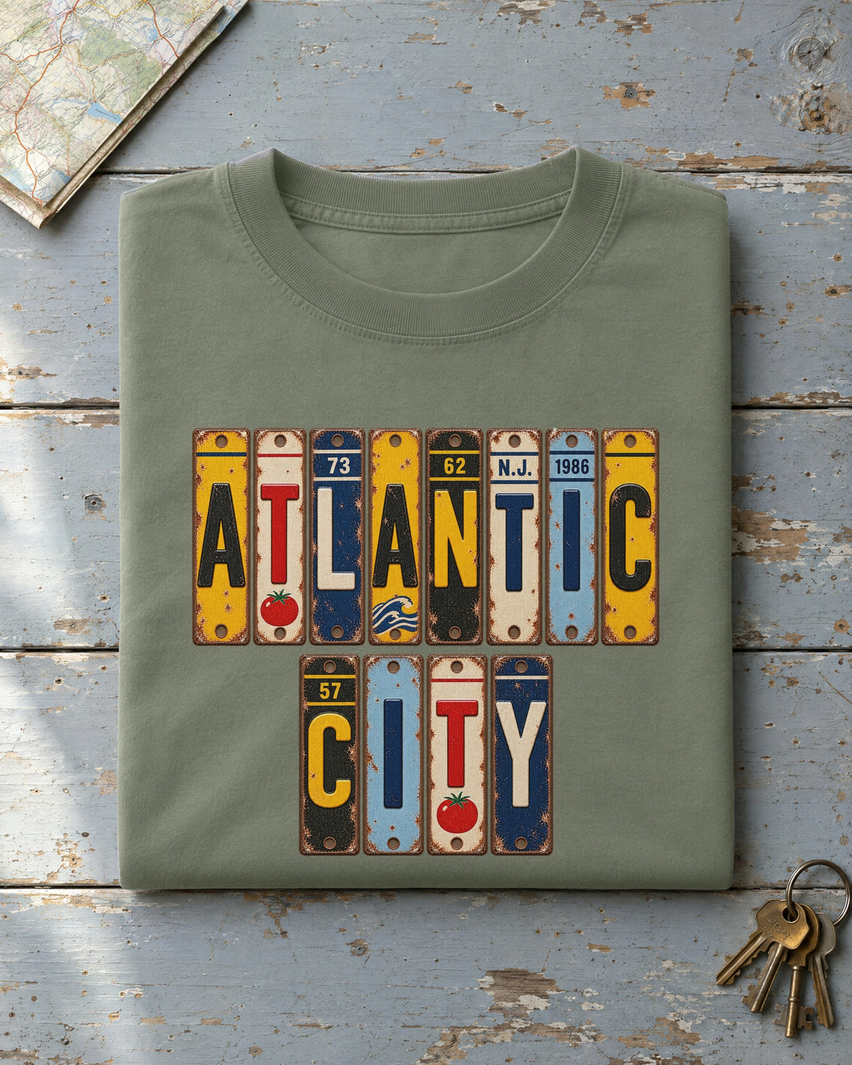 Atlantic City, New Jersey vintage license plate t-shirt in Moss