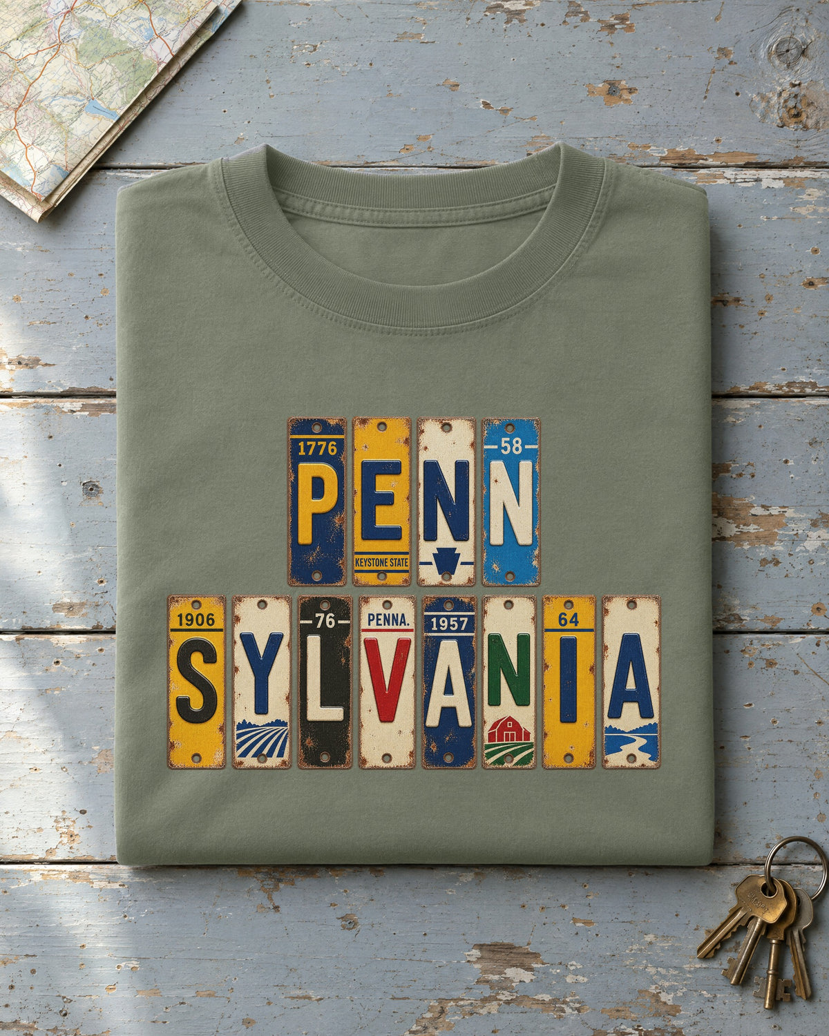 Pennsylvania vintage license plate t-shirt in Moss