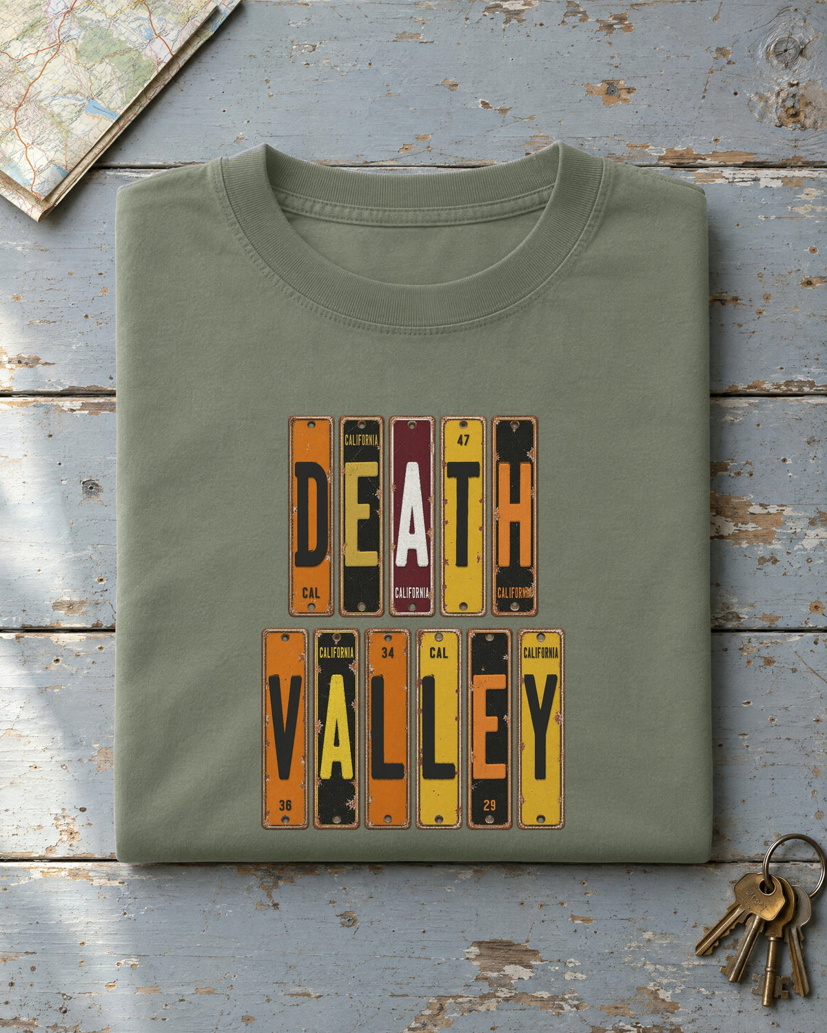 Death Valley, California vintage license plate t-shirt in Moss