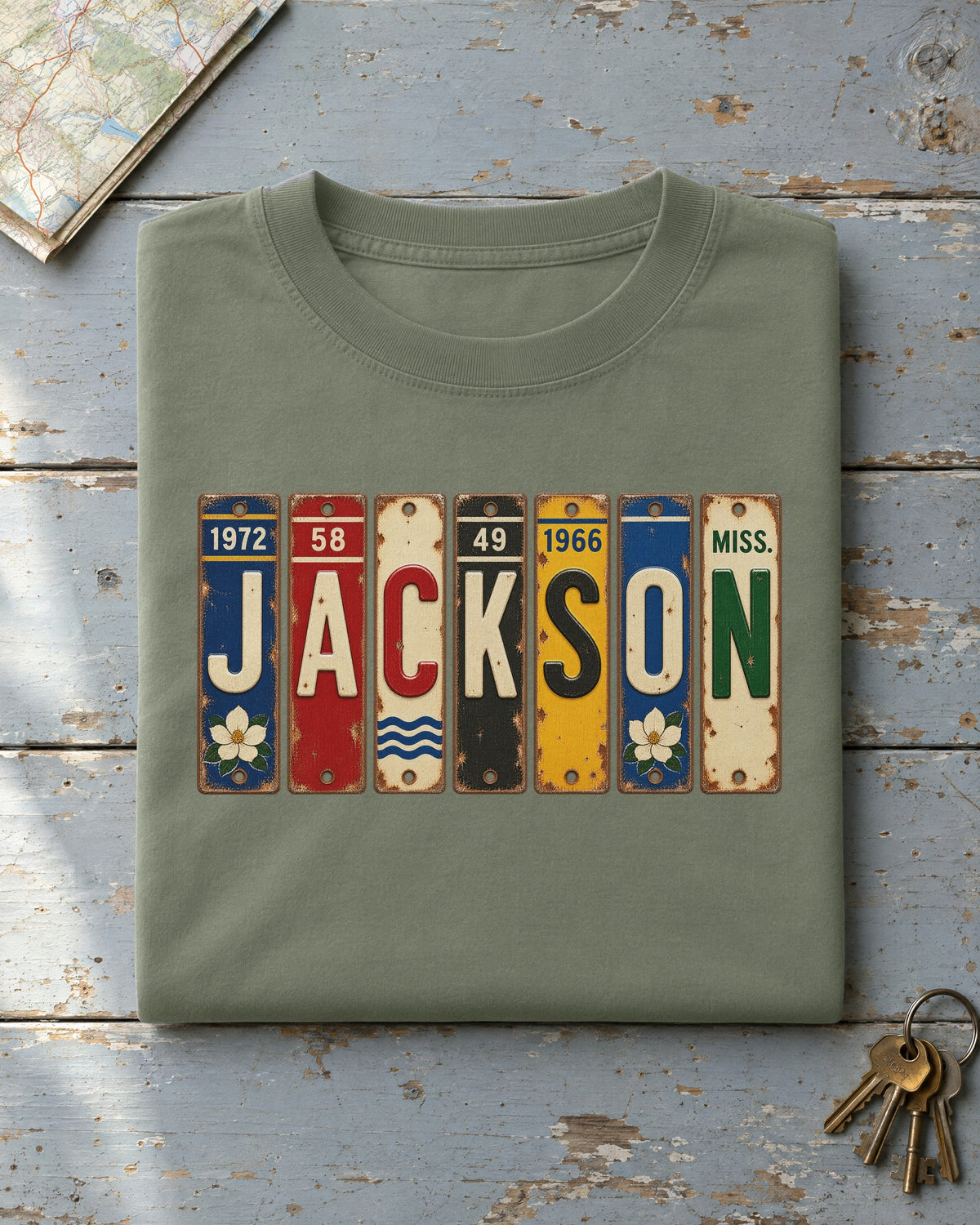Jackson, Mississippi vintage license plate t-shirt in Moss