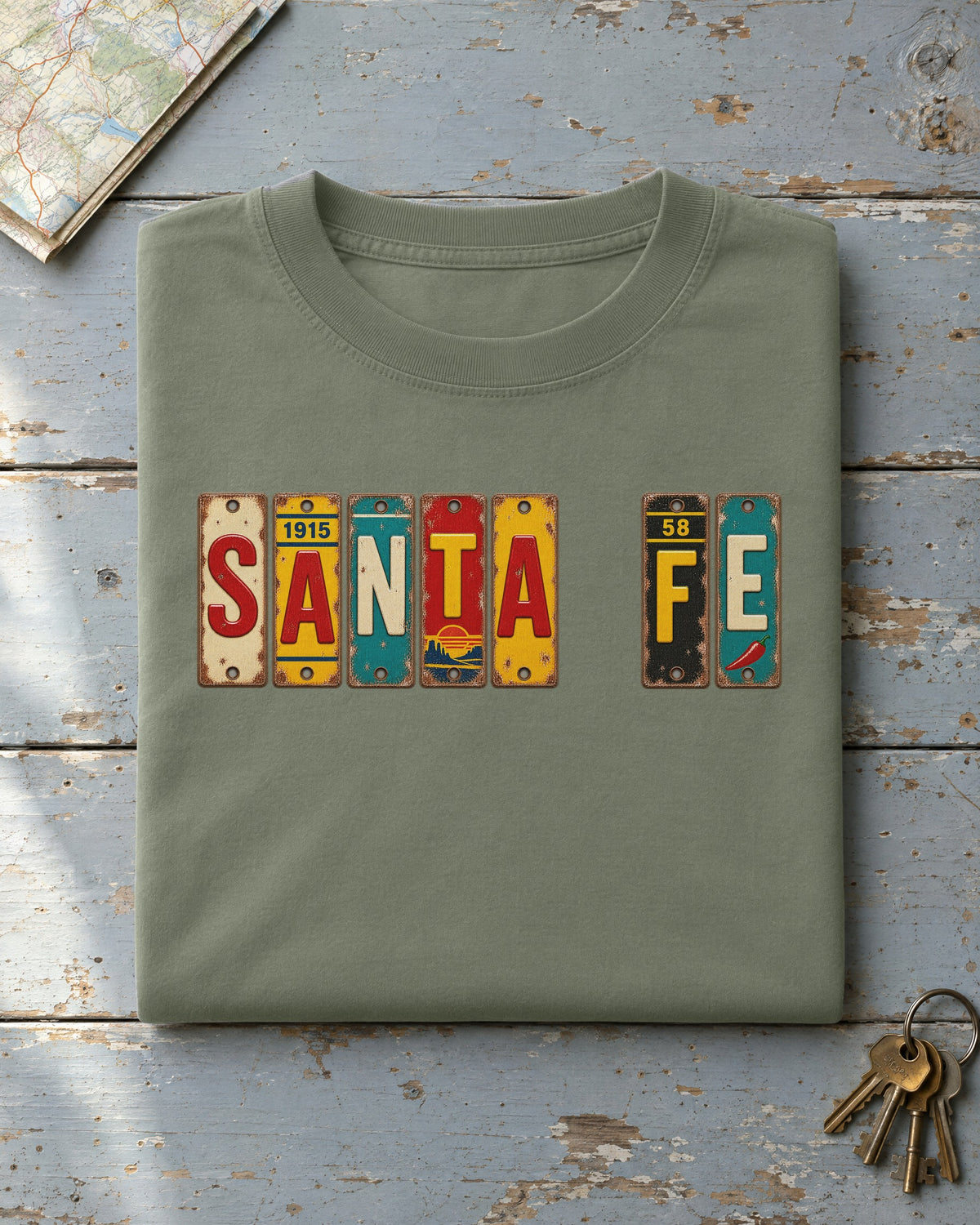 Santa Fe, New Mexico vintage license plate t-shirt in Moss
