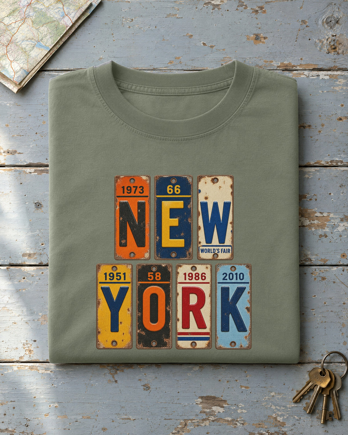 New York vintage license plate t-shirt in Moss