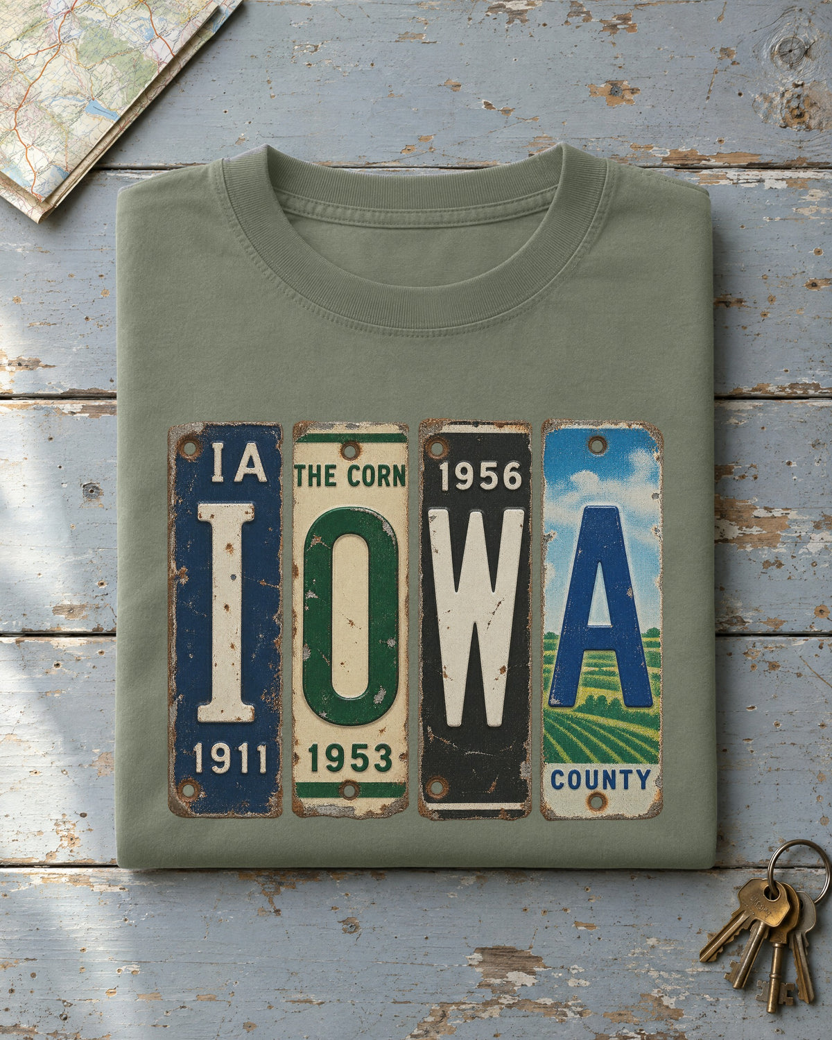 Iowa vintage license plate t-shirt in Moss