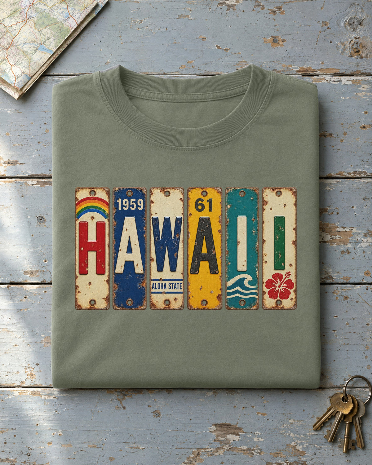 Hawaii vintage license plate t-shirt in Moss