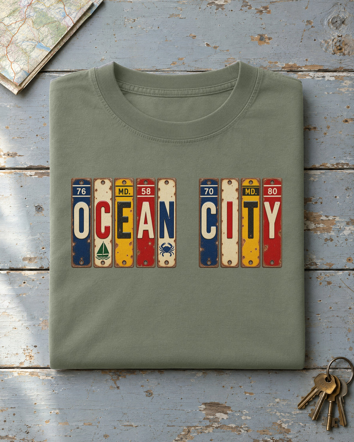 Ocean City, Maryland vintage license plate t-shirt in Moss