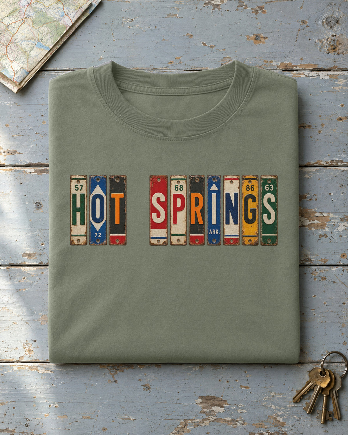 Hot Springs, Arkansas vintage license plate t-shirt in Moss