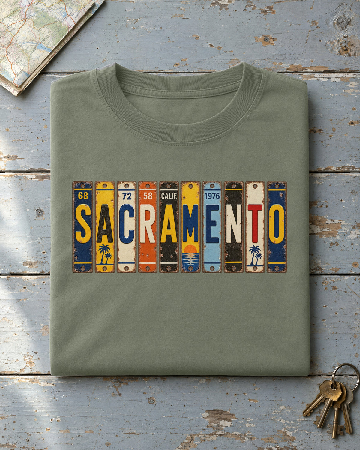 Sacramento, California vintage license plate t-shirt in Moss