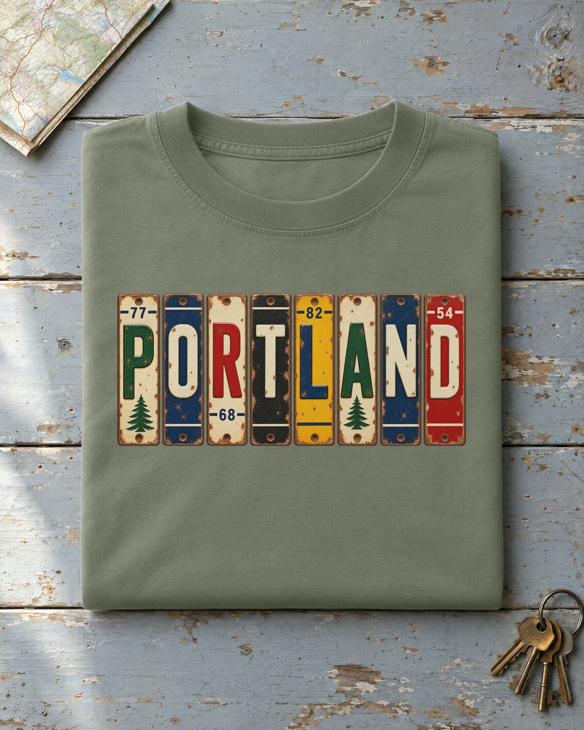Portland, Maine vintage license plate t-shirt in Moss