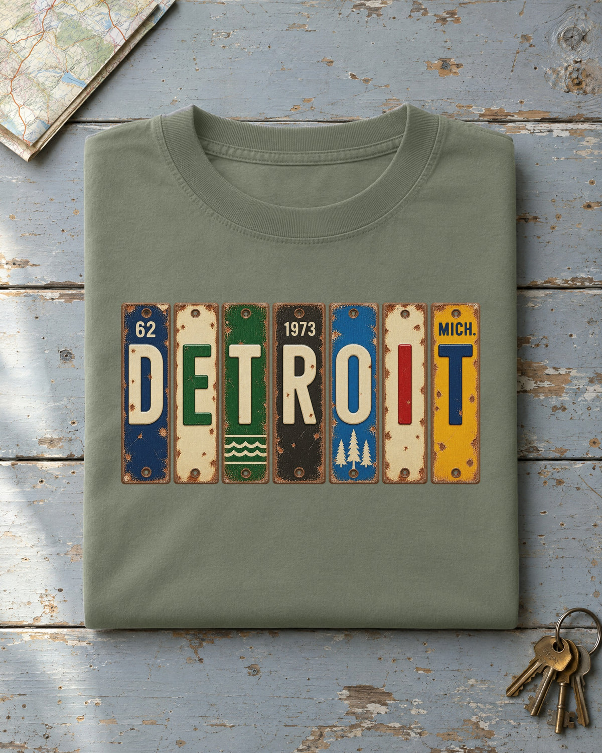 Detroit, Michigan vintage license plate t-shirt in Moss