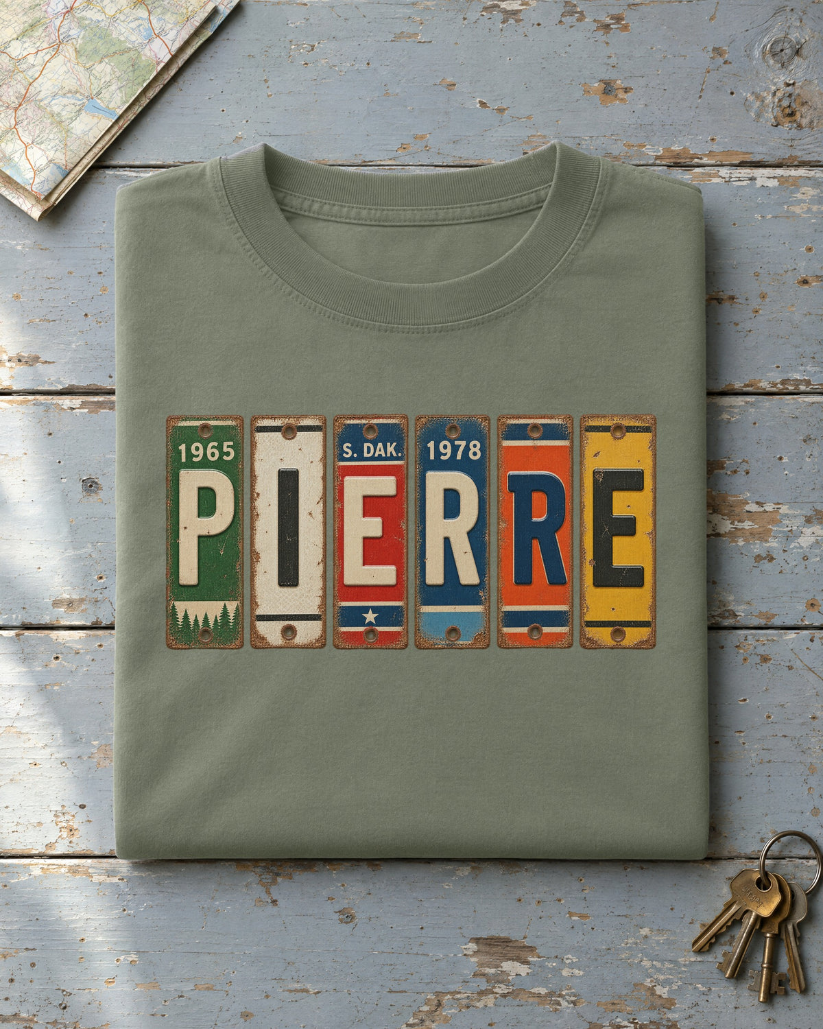 Pierre, South Dakota vintage license plate t-shirt in Moss