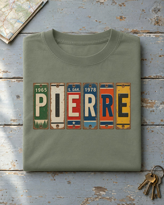 Pierre, South Dakota vintage license plate t-shirt in Moss