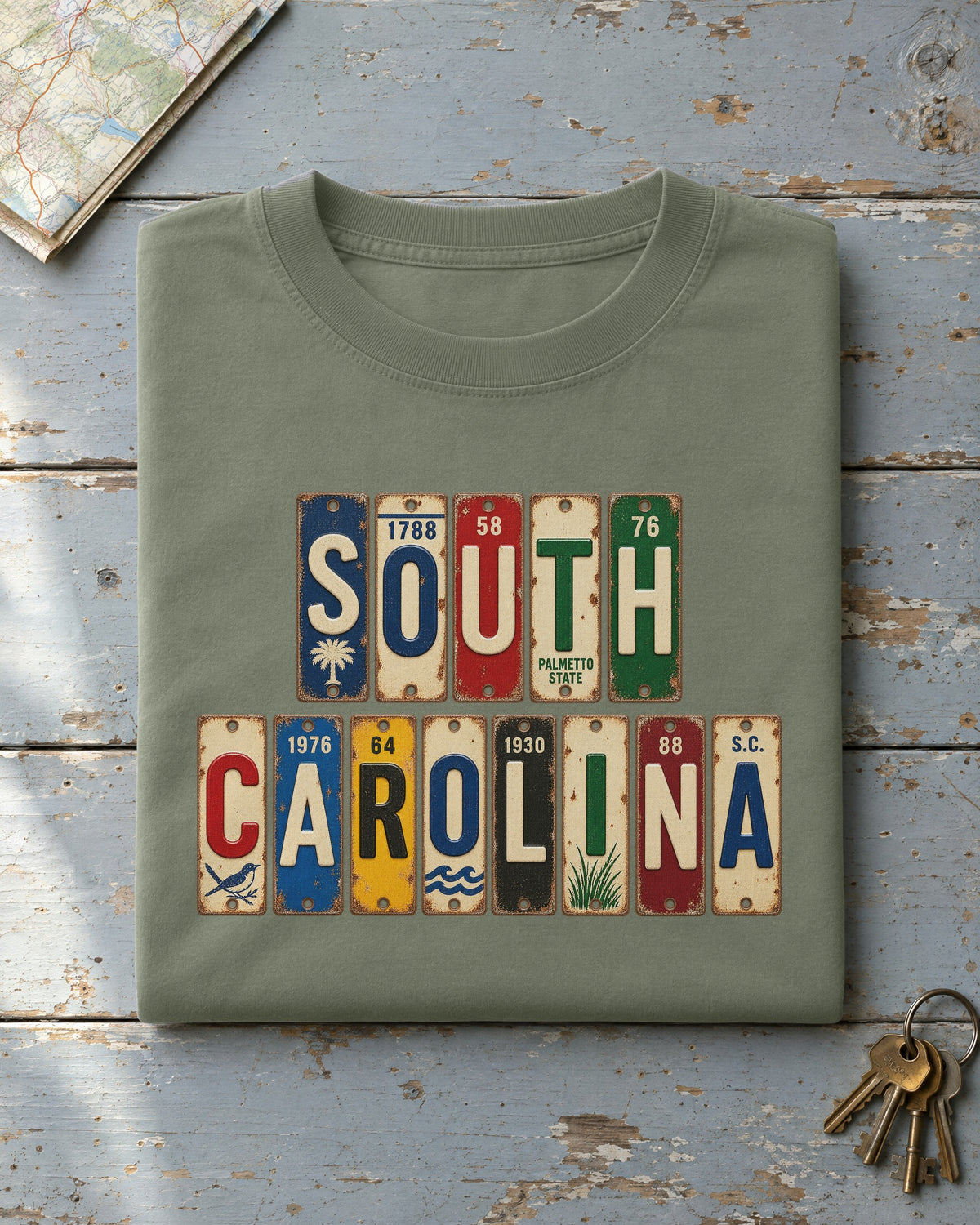 South Carolina vintage license plate t-shirt in Moss