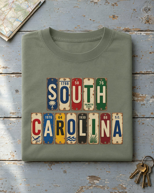 South Carolina vintage license plate t-shirt in Moss