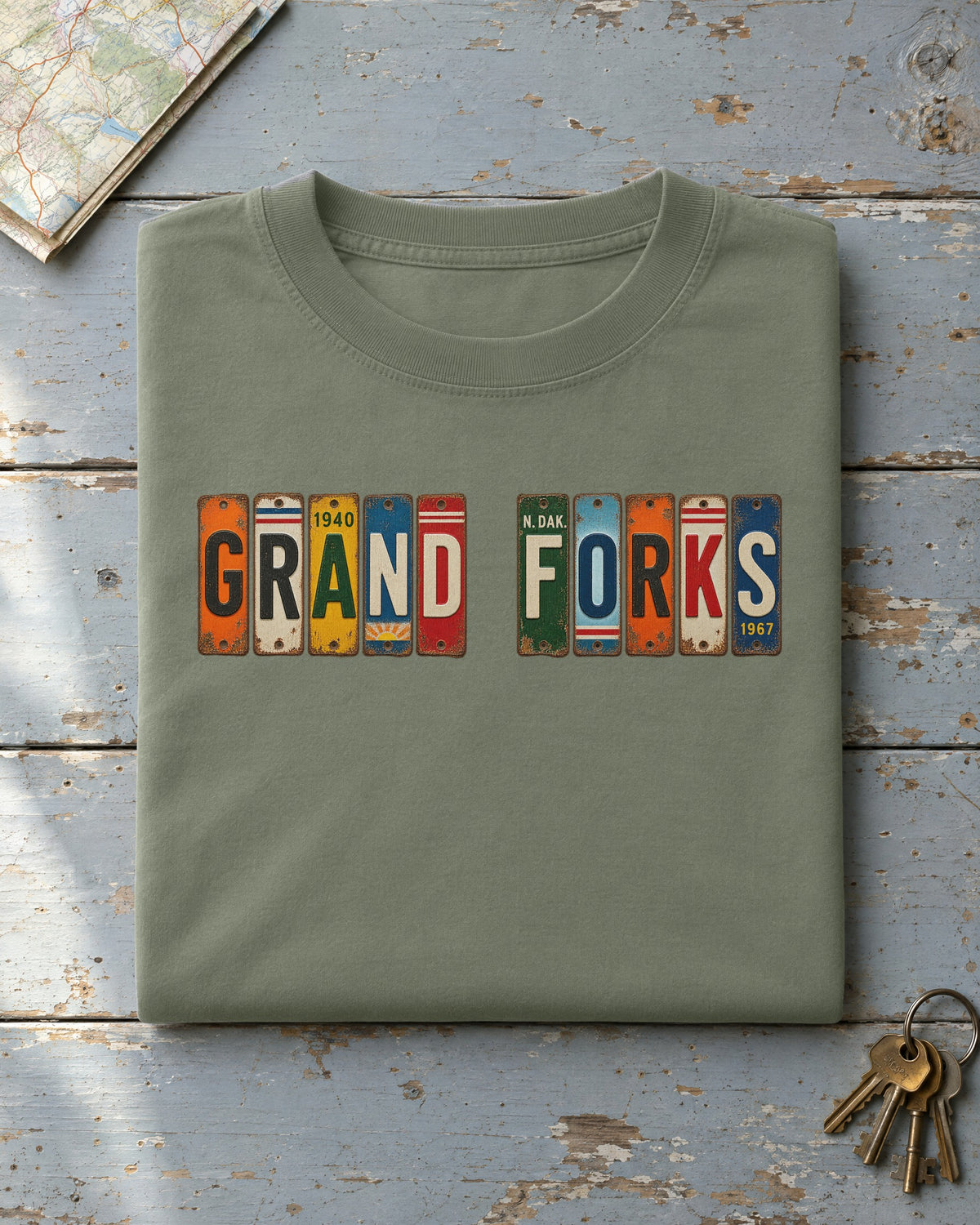 Grand Forks, North Dakota vintage license plate t-shirt in Moss